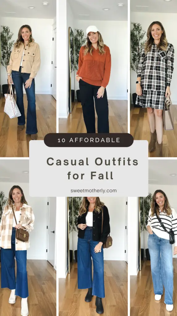 Screenshot 2024-09-25 at 32736 PM - Sweet Motherly A collage of photos with the words " 1 0 affordable casual outfits for fall ".